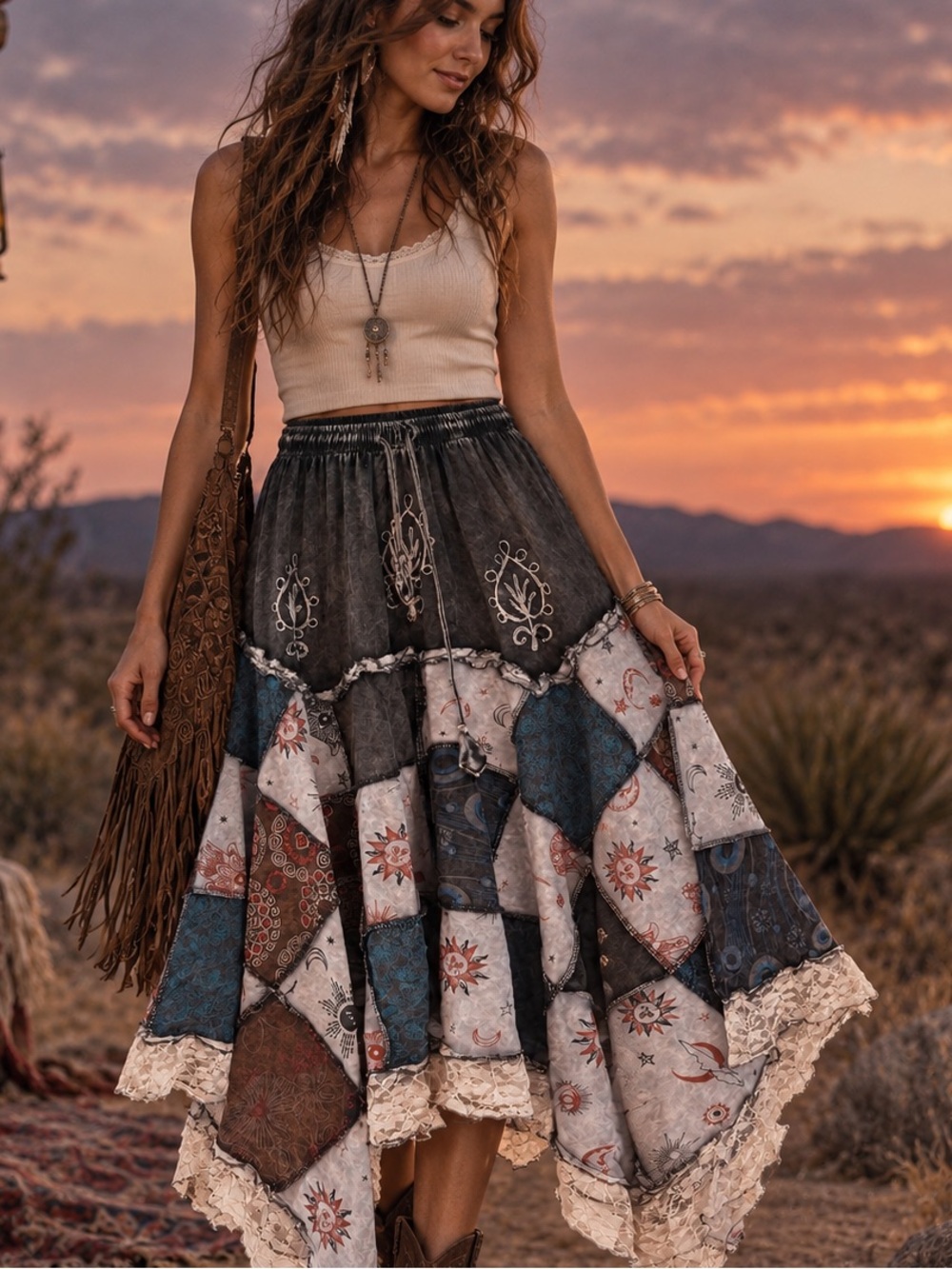 NWOT POL Celestial Handkerchief Skirt - Patchwork, Lace Hem - Boho Beauty